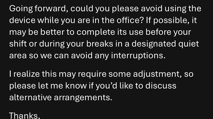 Email from a manager asking a woman using a feeding tube to avoid using it in the office due to interruptions.