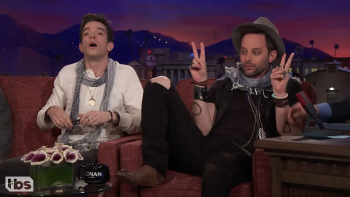 Celebrities on a late night talk show discussing celebrity friendships before fame
