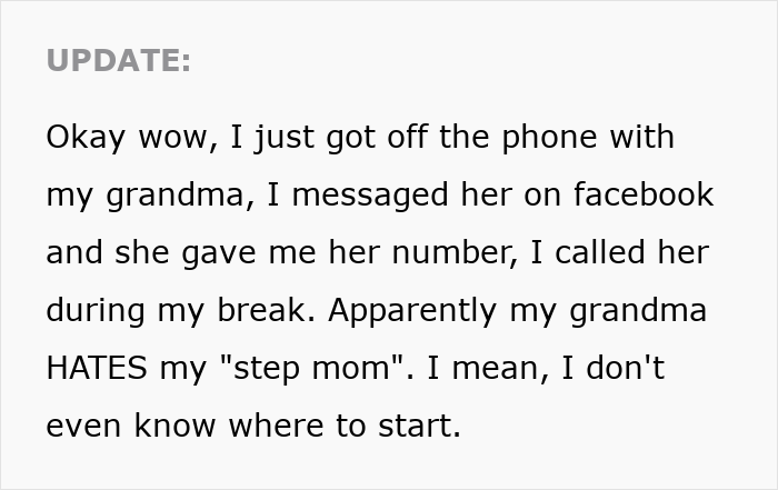 Text update about estranged dad leaving inheritance to daughter while stepmom demands equal share, revealing family conflict.