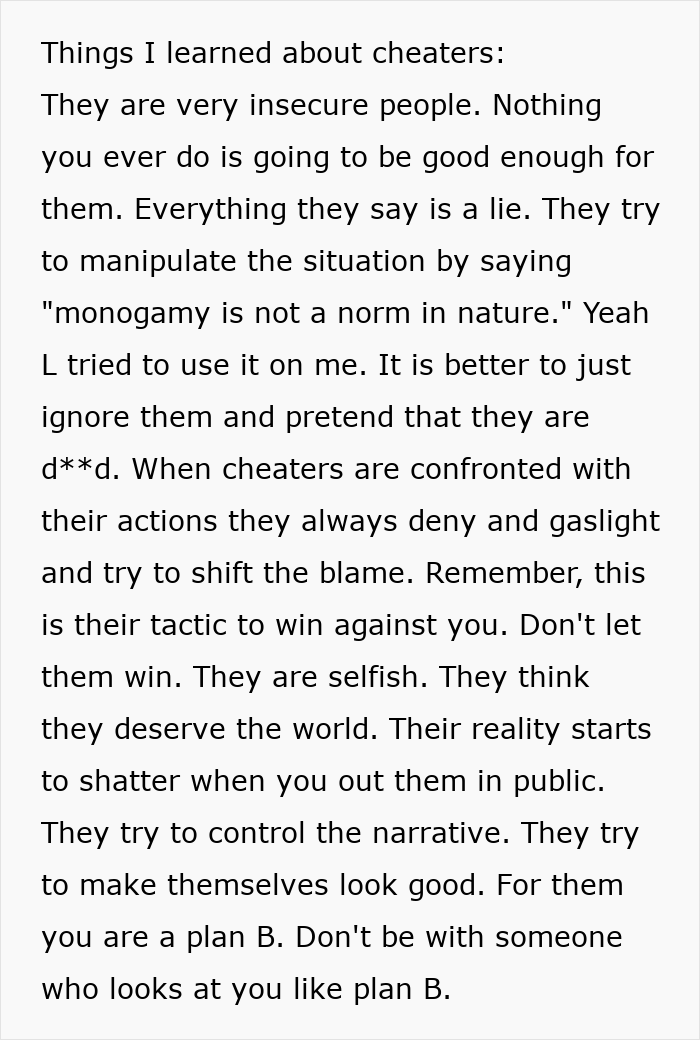 Text about cheaters and their manipulative behavior, highlighting betrayal and toxic friendships over a stupid boy.