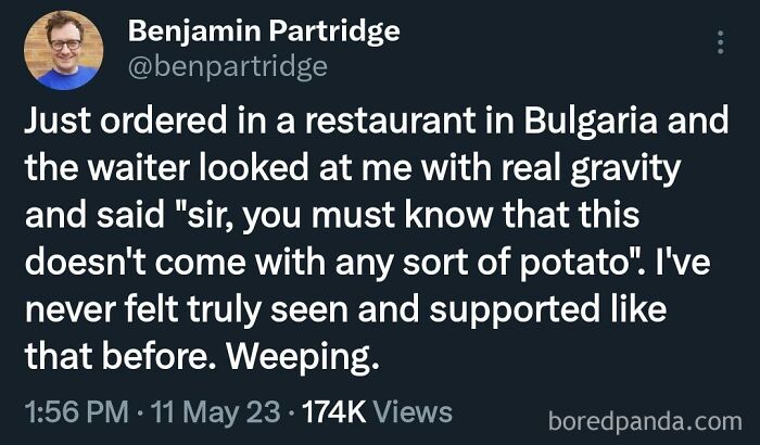 Tweet about a humorous safe-for-work moment in a restaurant, reflecting funny and lighthearted memes.