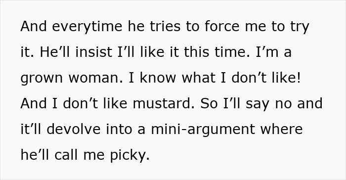 Text excerpt showing a woman describing a man&rsquo;s outburst over her not liking mustard and the resulting arguments.