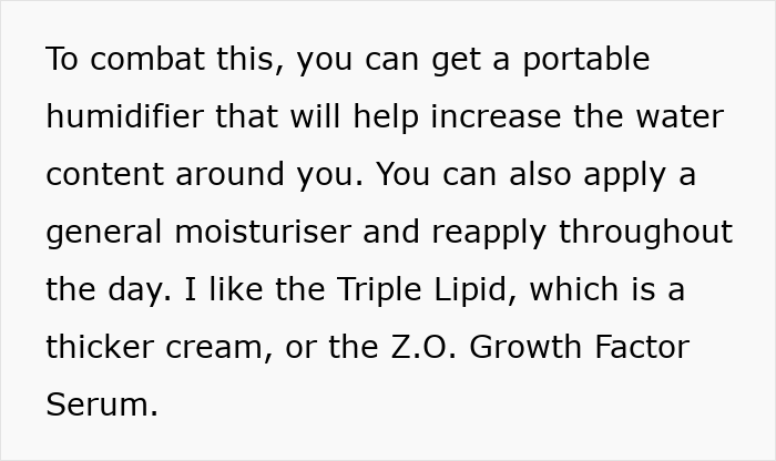 Text about using humidifiers and moisturizers to combat dryness caused by office air and its effects at work.