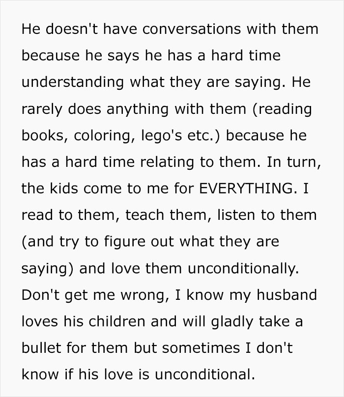 Text excerpt about a mom describing how her husband is awesome to her but struggles to connect with their kids.