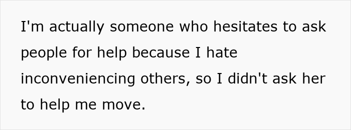 Text image showing a confession about hesitating to ask a friend for help and feeling hesitant to inconvenience others.