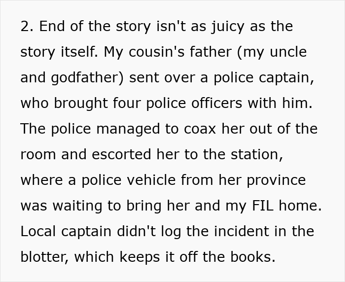 Text excerpt describing a toxic MIL refusing to leave daughter's home, involving police to remove her.