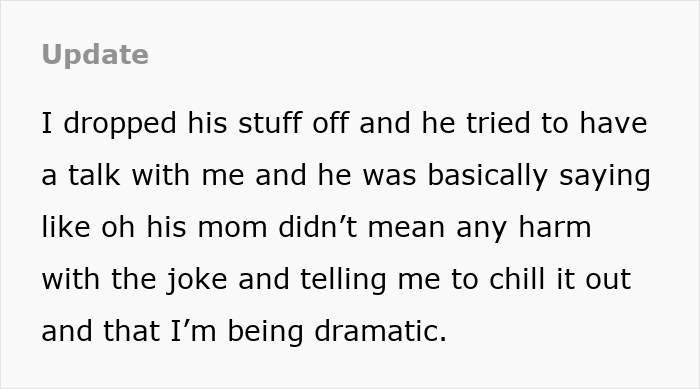 Update text about boyfriend&rsquo;s mom acting possessive causing tension at birthday party with upset girlfriend leaving immediately.