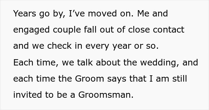 Text excerpt discussing being invited as a groomsman despite fallout, related to ex-girlfriend cheating on guy.