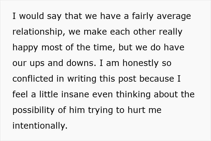 Text excerpt showing a conflicted person describing a relationship with dangerous traps set by a man suspecting harm. Text excerpt showing a conflicted person describing a relationship with dangerous traps set by a man suspecting harm.
