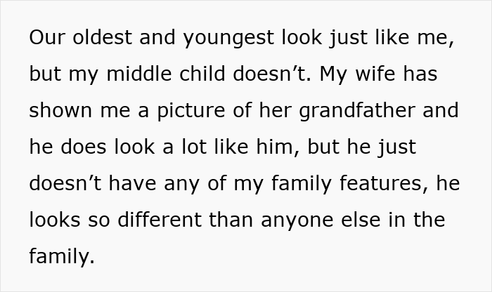 Text from a story: "Our middle child doesn't look like me." A man demands a paternity test, risking his whole family.