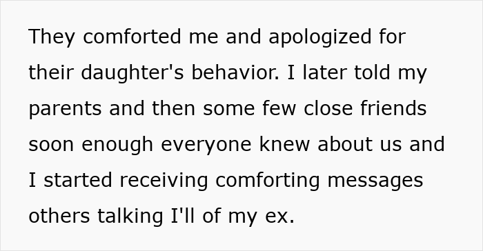 Text on a white background, describing family and friends comforting the person after an affair, leading to divorce.
