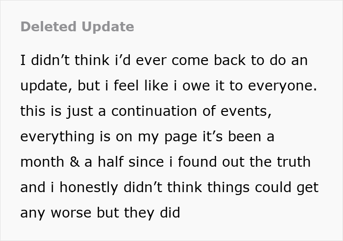 A screenshot of text on a gray background, reading: Deleted Update. A man details how he went from "Dad" to "Uncle". A screenshot of text on a gray background, reading: Deleted Update. A man details how he went from "Dad" to "Uncle".