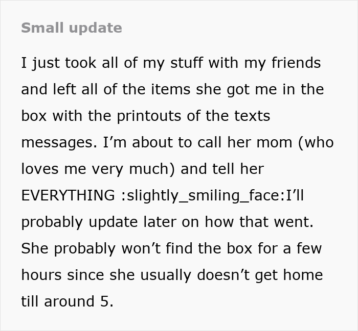 Text update about taking belongings and planning to tell girlfriend's mom