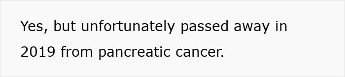Text snippet about a sad reaction, mentioning pancreatic cancer and 2019. It relates to sister and mom reaction.