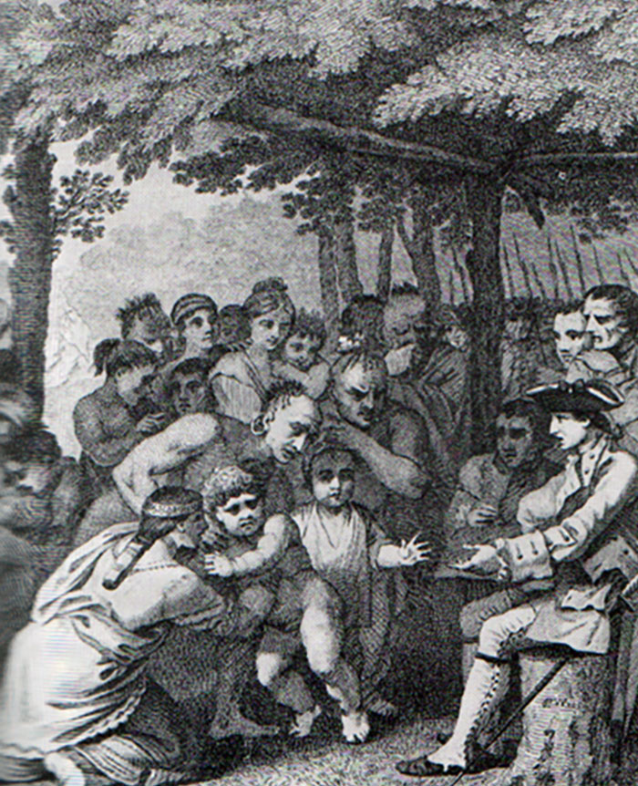 Gravura em preto e branco representando uma cena de traições massivas na história da humanidade com pessoas reunidas sob as árvores.