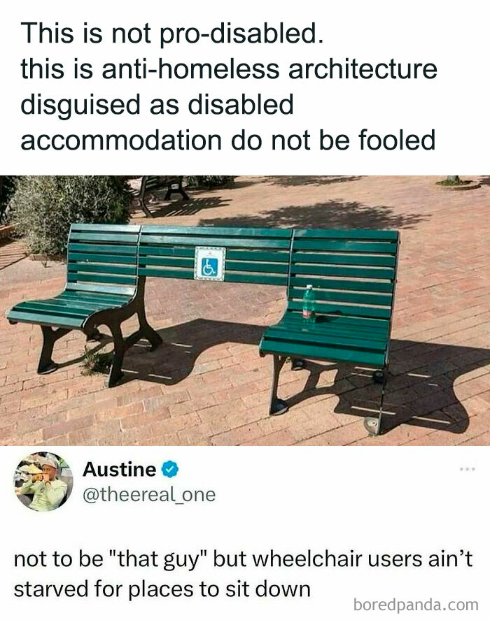 Bench with anti-homeless architecture and wheelchair accessibility symbol, featured in wild memes for humor.