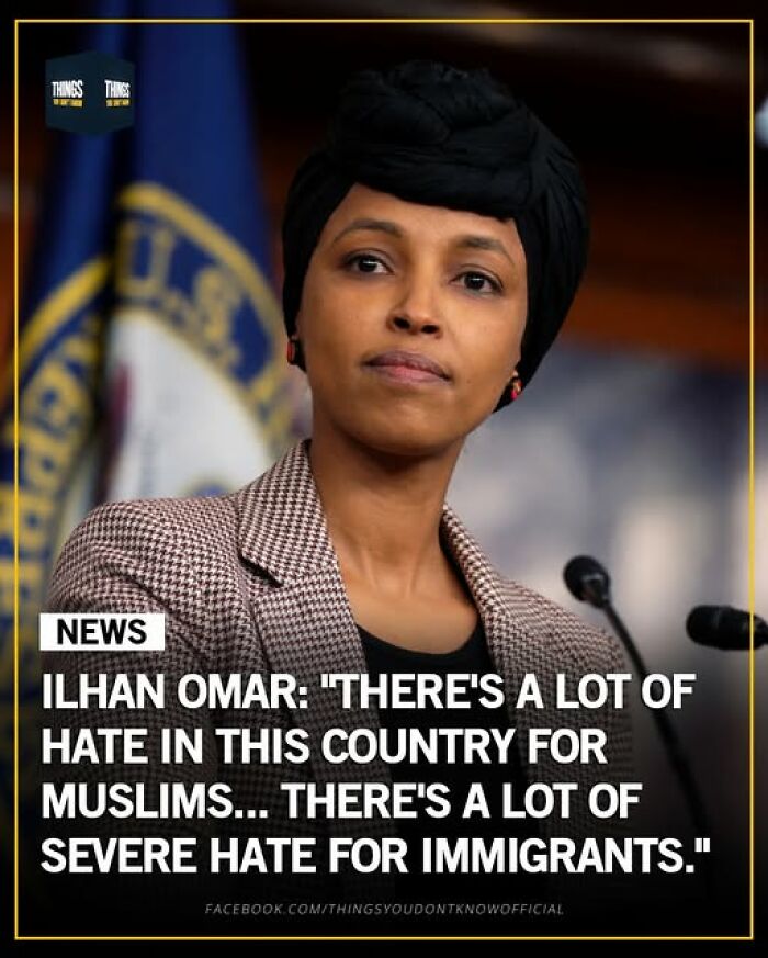 Ilhan Omar speaking about hate in the country for Muslims and immigrants, highlighting sad and pressing world issues.