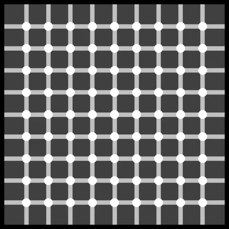 A Hermann Grid optical illusion with white dots and grey lines on a dark background, making phantom dark dots appear.