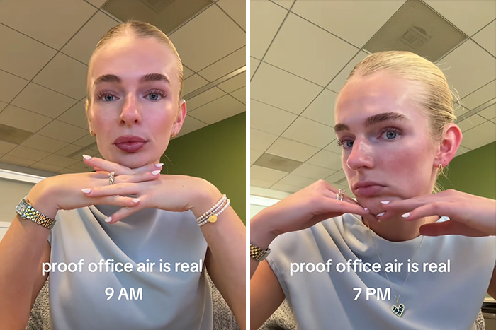 Side-by-side photos showing a woman&rsquo;s face at 9 AM and 7 PM demonstrating effects of office air.