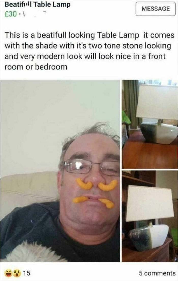 Man with cheese curls on his face next to bizarre online listings of a two-tone stone looking modern table lamp.