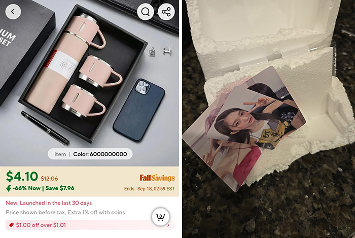 Temu or AliExpress listing for a thermos set compared to the actual delivery of only small photo cards.