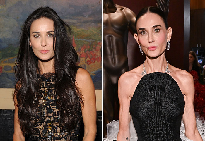 Demi Moore, left with long dark hair, and right with slicked-back hair and a thinner appearance. Highlighting the trend of being thinner than ever.