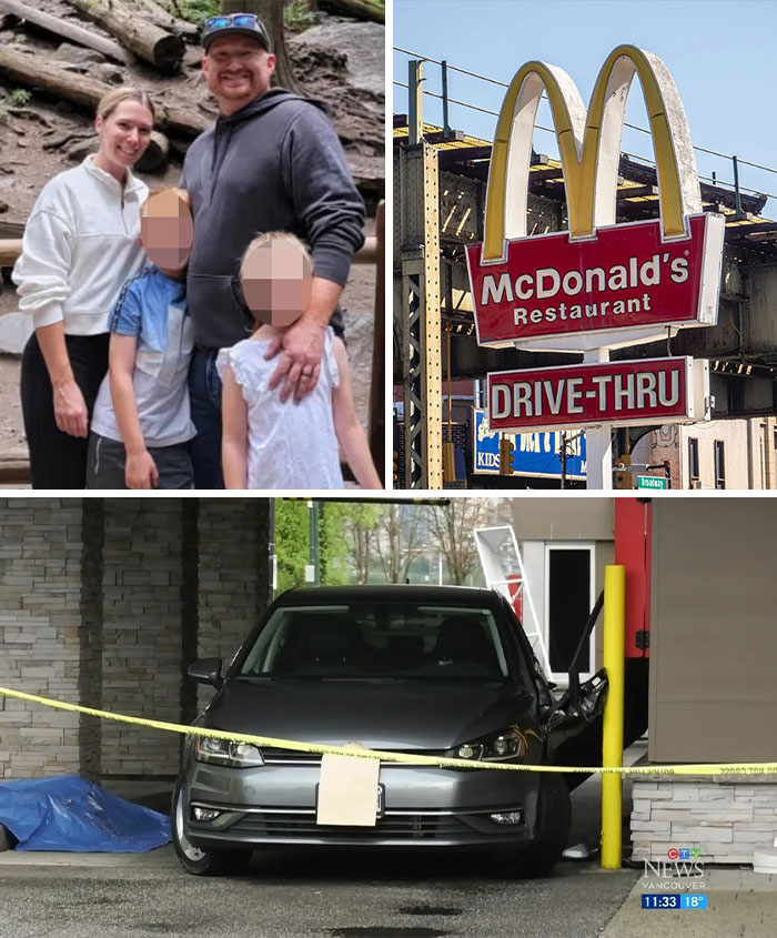 A family photo, a McDonald's sign, and a crashed car at a drive-thru, highlighting freak accidents.