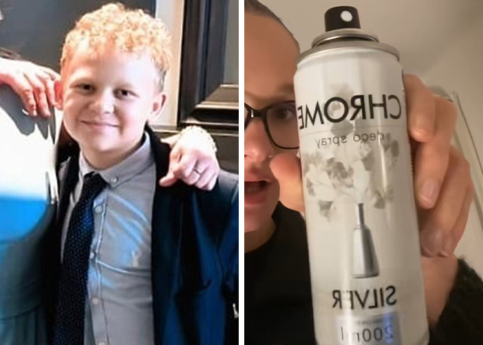 A young boy smiling in a suit and a person holding up a spray paint can. Dangerous TikTok challenges can end in fatality.