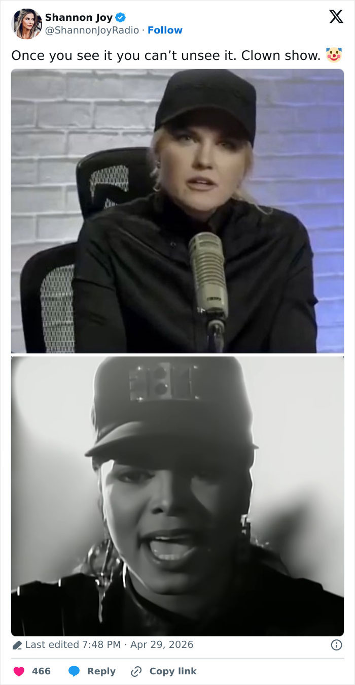 Shannon Joy's tweet compares Erika Kirk in a controversial video to Janet Jackson in a similar outfit. The internet roasts her brutally.