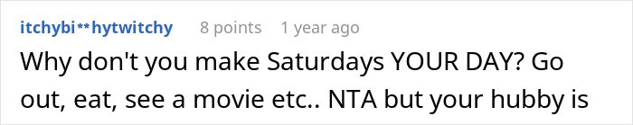 A comment suggests making Saturdays a woman's day out, related to a story about a woman quitting her marriage.