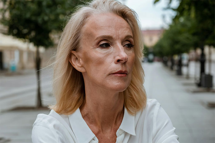 Woman outdoors looking thoughtful and serious, sharing a crazy story about her mom in an urban setting.
