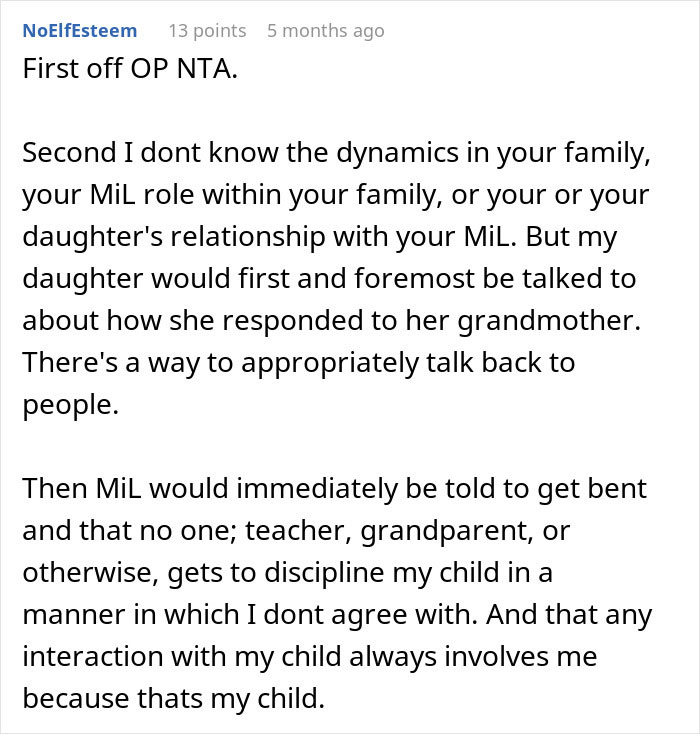 Screenshot of an online comment discussing dynamics between a teacher grabbing kids and parental discipline concerns.