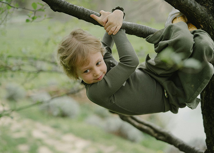 Young child hanging from a tree branch outdoors, illustrating things that are more dangerous than they seem.