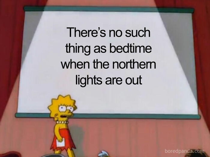 Lisa Simpson presenting on a screen that reads: "There's no such thing as bedtime when the northern lights are out." Hilarious memes about living in Alaska.
