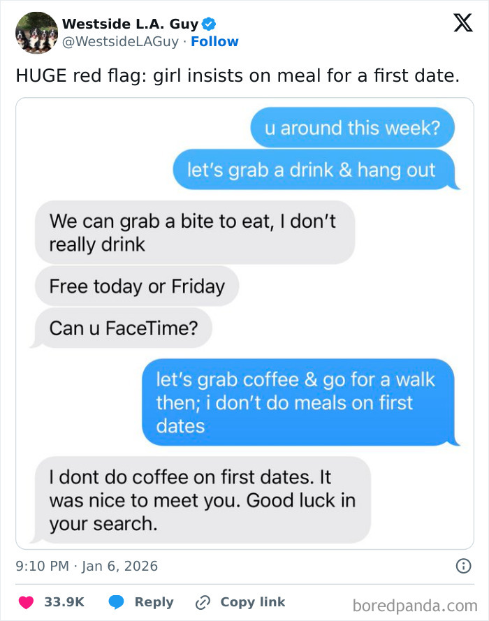 A screenshot of a text conversation showing a red flag about dating. The conversation highlights ending things due to mismatched expectations.