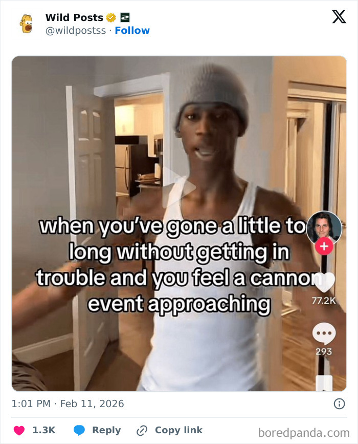 A meme video featuring a man in a beanie and tank top, with text about getting into trouble, part of wildest posts.