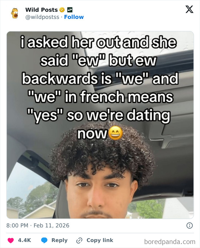 A wild post showing a man and a humorous text about dating logic. Wildest posts for a real man's entertainment.