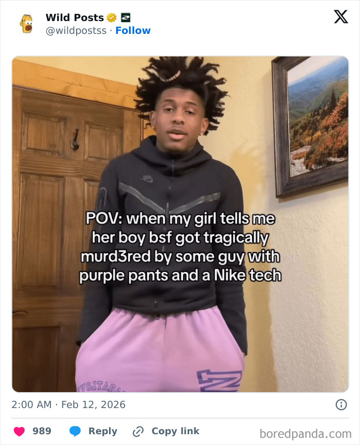 A man in a black hoodie and purple sweatpants, looking at the camera with text overlay. A wild post to spice up your day.