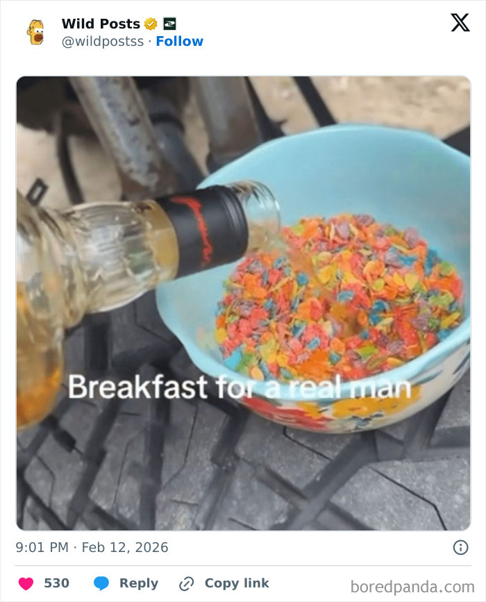 A bottle pouring amber liquid into a bowl of colorful cereal labeled Breakfast For A Real Man. Wild posts.