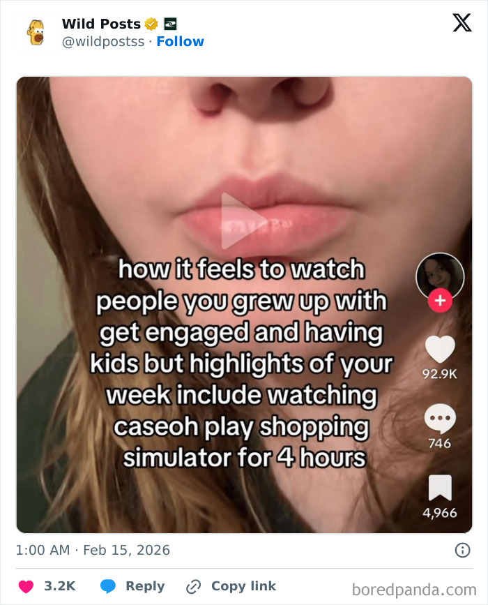 A social media post with the main SEO keyword "Wildest Posts" and text about watching shopping simulator instead of life milestones.
