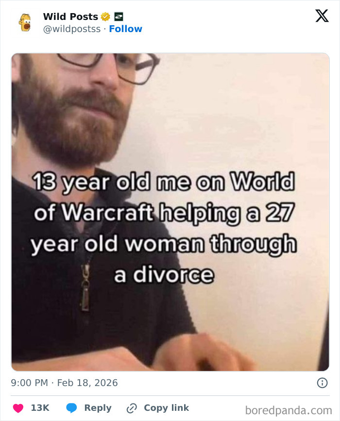 A meme of a bearded man with glasses and text: 13-year-old me on World of Warcraft helping a 27-year-old woman through a divorce. Wild Posts.