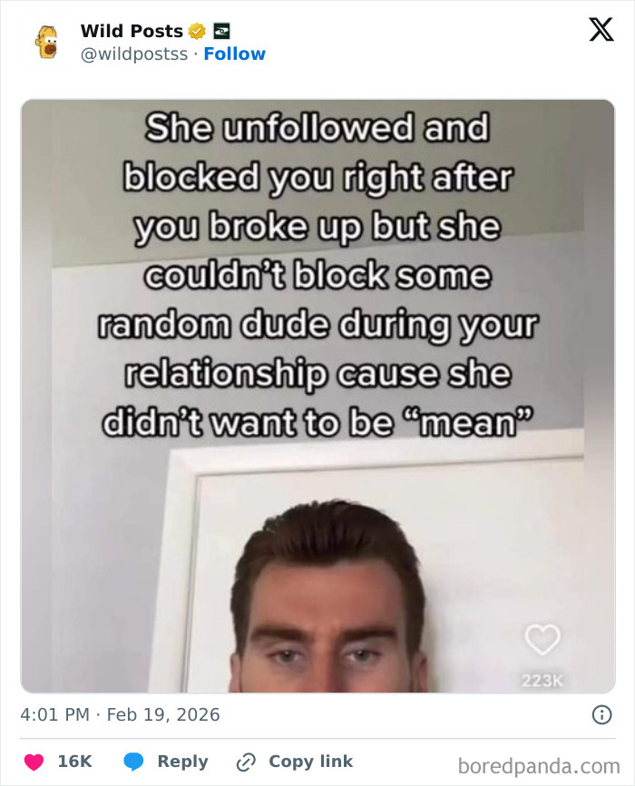 A man with a serious expression below a relationship meme about being blocked. This is one of the wildest posts.