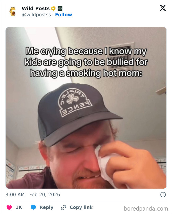 A man in a hat crying while wiping his eye, with text about kids being bullied for a hot mom. Wildest posts for a real man.