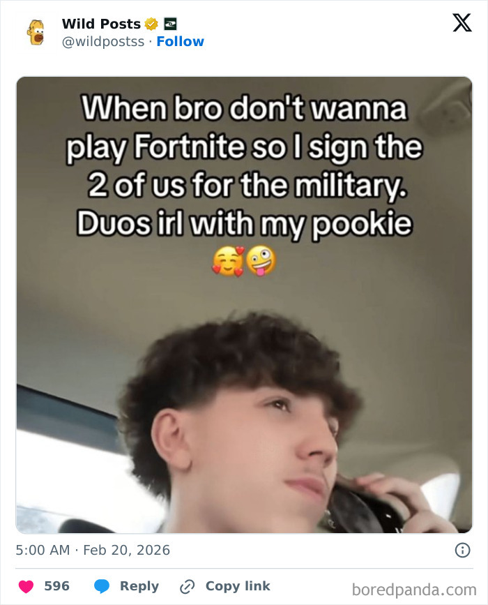 A social media post with a meme about signing up for the military, featuring a young man on the phone. Wildest posts for a real man.