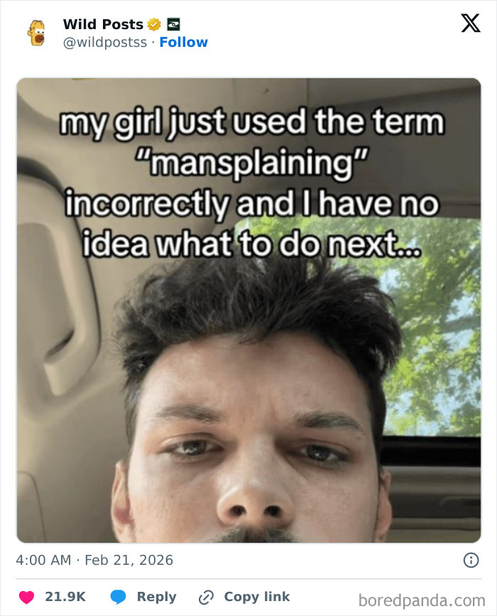 A man making a funny face, eyes wide, with text about mansplaining. Wildest posts for a real man.