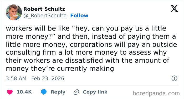 A tweet by Robert Schultz about companies hiring consultants instead of paying workers more, highlighting a feeling of exhaustion and being ready to retire.