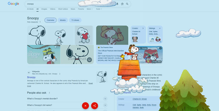 Google Easter Eggs showing Snoopy animated on screen with playful interactive elements and colorful cartoon clouds.