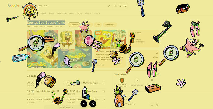 Google search showing SpongeBob Easter egg with animated icons and interactive hidden secrets on screen.