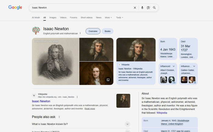 Google Easter Eggs search results showing Isaac Newton with portraits and information on the right side panel.