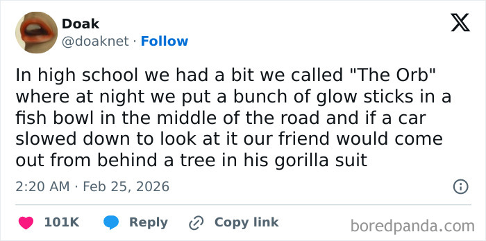 Tweet about a high school prank involving glow sticks in a fishbowl and a friend in a gorilla suit, strangely specific and relatable.